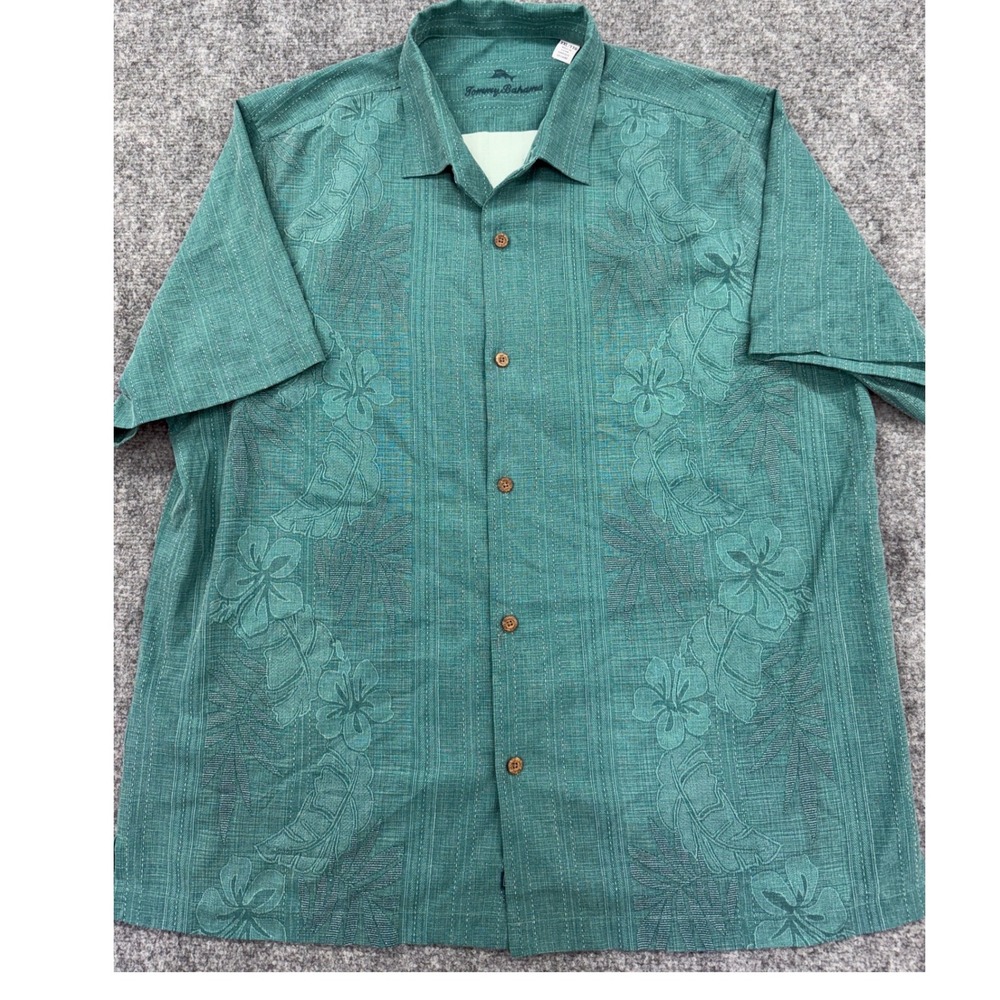 Tommy Bahama Green Silk Embroidered Floral Camp Shirt XXL ST325911